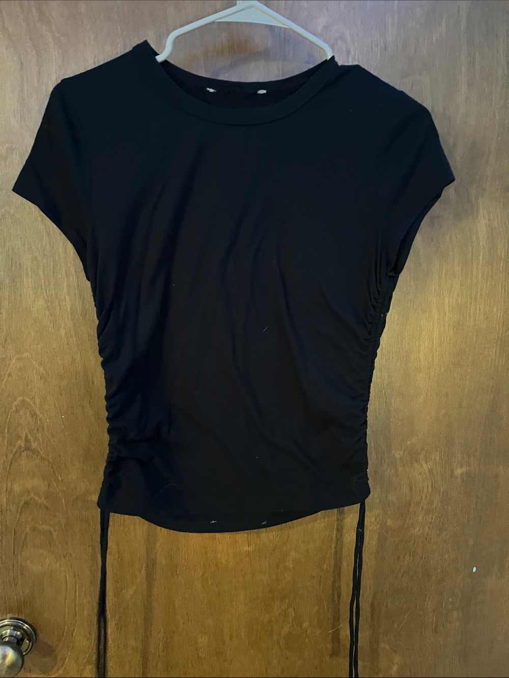 Women’s Black Short Sleeve Ruched Side Tie Top